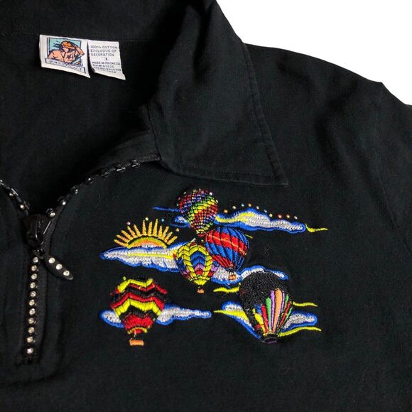 VTG Passion-I Top Womens L Black Hot Air Balloon Embroidered Bling 1/4 Zip Y2K - Picture 3 of 13